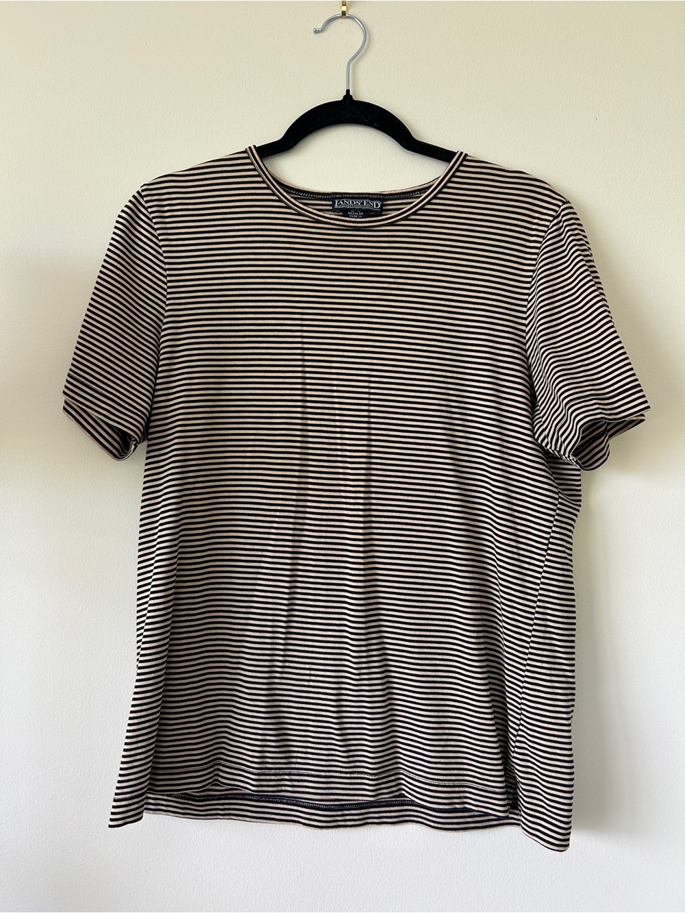 Lands' End Black and Cream Thin-Striped Short-Sleeve Crew Tee - Women’s